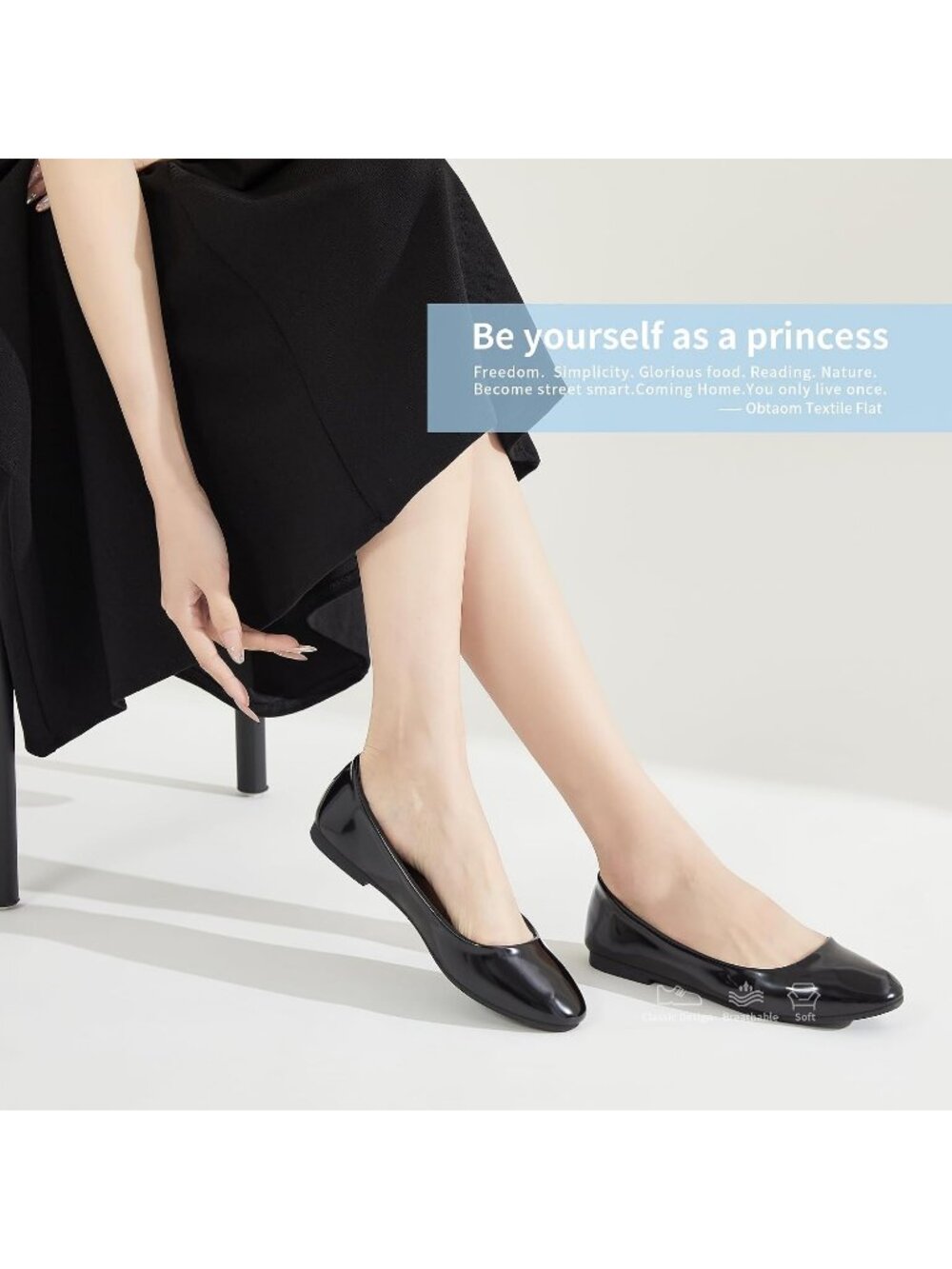 Women's Black Patent Round Toe Flats Slip On Stable Black Ballet Dress Shoes - Picture 5 of 5